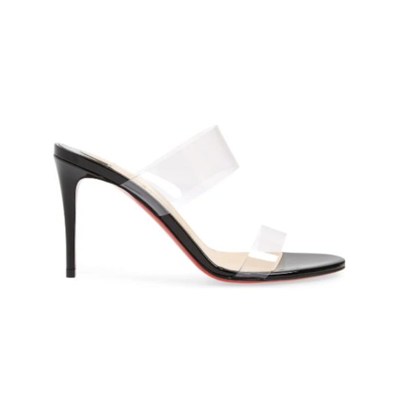❌SOLD❌Christian Louboutin Just Nothing 85 Slide Sandals Patent Leather PVC Mule - Picture 1 of 12